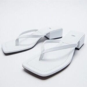 Zara White Thong Sandals Square Toe Low Block Heel Slides Womens Size 40